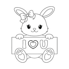 Cute Bunny Rabbit Holding I Love You Sign - Valentine's Day Coloring Page for Kids Line Art Illustration