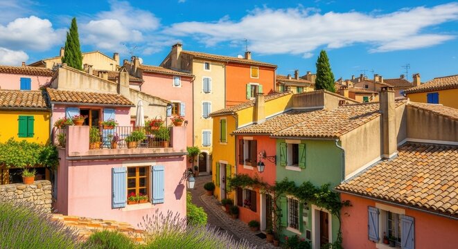 Fototapeta Charming provencal village streetscape featuring vividly painted houses under a bright blue sky