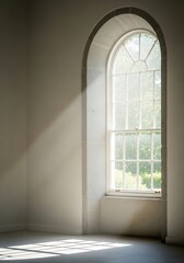 Light streams through an arched window, illuminating an empty interior