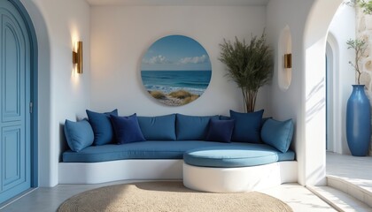 Modern blue couch with pillows in bright room. Round art shows ocean waves crashing on sandy shore. White walls archways create airy mediterranean feel. Tall vase holds green plant.