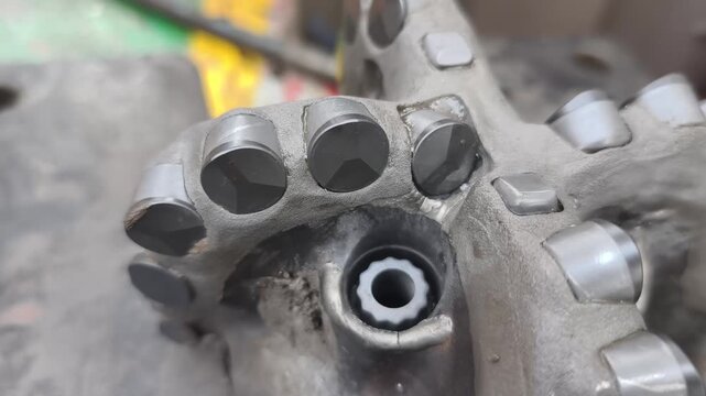 Polycrystalline Diamond Compact (PDC) drilling bit on the rig floor used for drill oil and gas well for petroleum exploration and production.
