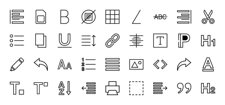 Text editing line icon set. Vector pictograms of font weight, alignment, lists, hyperlink, print, undo, redo, and paragraph formatting, thin outline illustration.