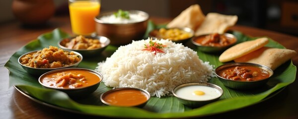 Indian vegetarian feast on banana leaf with rice sambar curry dal rasam pappadom and juice. Traditional Kerala Tamil Nadu cuisine served for festivals feasts and special occasions.
