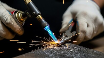 Naklejka premium Intense soldering process, precision joinery, worker in gloves using flame torch