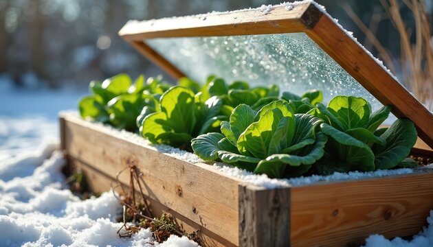 Green plants grow in raised garden bed covered with wooden cold frame and glass lid. Snow surrounds garden box. Plants thrive despite cold winter.
