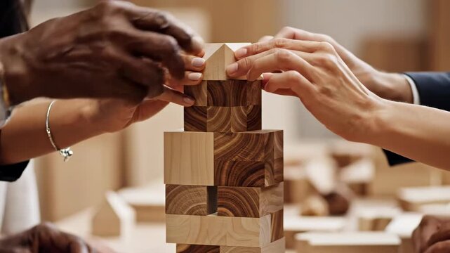 Hands building block structure corporate teamwork strategy concept