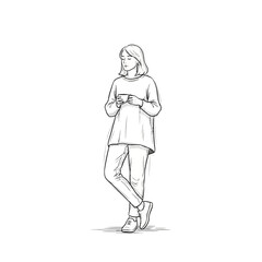 Obraz premium Woman holding coffee cup, relaxed pose, sketch illustration, white background