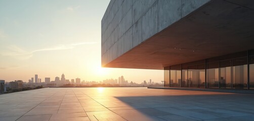 Modern concrete building exterior. Large glass windows reflect city skyline at sunrise. Wide, empty plaza offers urban backdrop for business or architecture themes. Open space concept.
