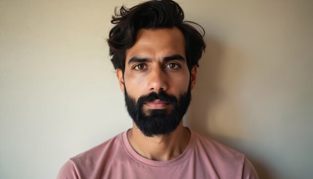 Young adult man with beard and wavy dark hair looks forward seriously. Bearded male face portrait, indoor shot. Ethnic guy wears pink tee. Calm person, thoughtful look.
