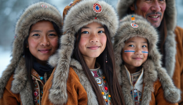 Siberian indigenous family wears warm fur hats and coats. Siblings with facial markings smile, father watches. They represent northern ethnic culture and tradition.