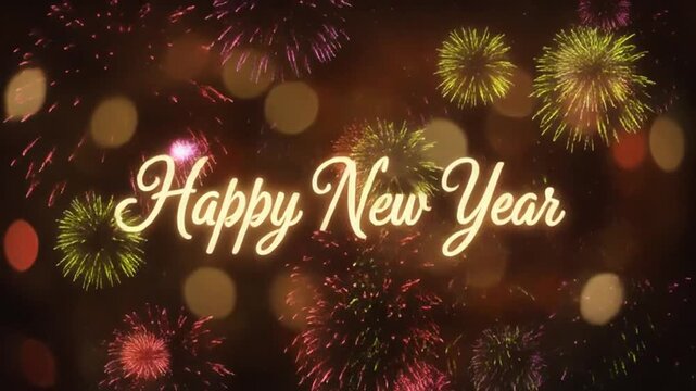 Happy New Year greeting with festive fireworks and bokeh background