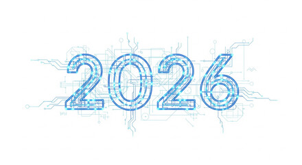 Future technology concept with glowing blue circuit board design and 2026 text on white background for innovation and progress