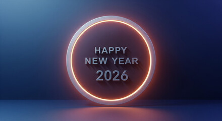 Obraz premium Happy new year 2026 neon sign with glowing orange light on dark blue background celebrating future date