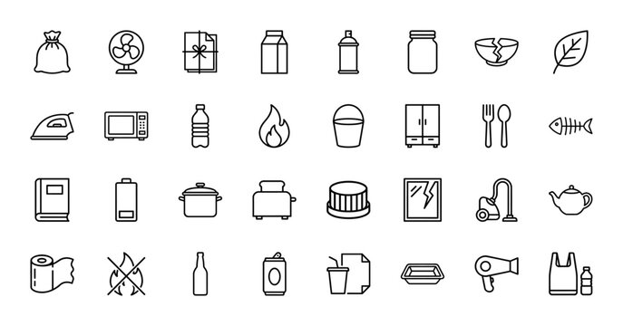 Household objects and recycling line icon set. Vector pictograms of iron, microwave, fan, battery, toaster, bottle, can, and vacuum cleaner, thin outline illustration.