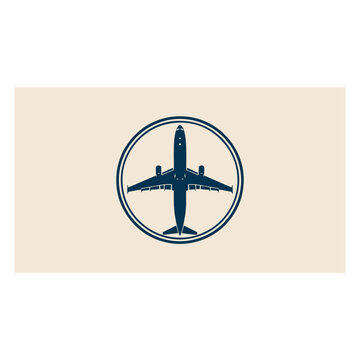 A blue airplane icon within a circular border on a beige background viewed directly