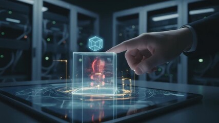 Cyber attack skull warning warfare protection glow tablet server touch security hologram cube threat hacker digital defense data breach futuristic - Powered by Adobe