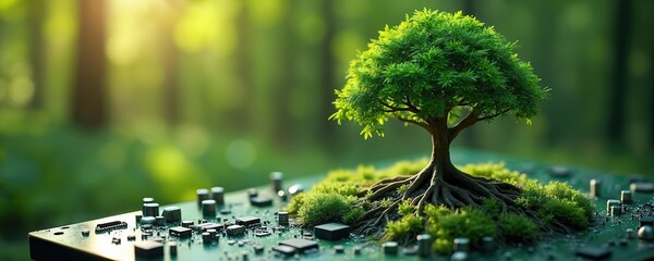 Small green tree grows its roots into computer circuit board. Moss covers tech components. Nature, technology merge in forest setting with soft sunlight. This fusion represents sustainable innovation.