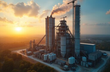 Cement factory complex with tall silos and a crane emits smoke at sunset. Industrial facility manufactures concrete, steel, and chemicals, impacting the environment. Heavy machinery operates on site.