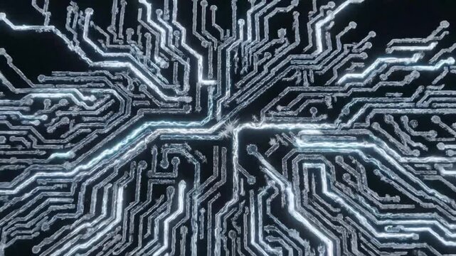 Electric circuit board pattern glowing paths