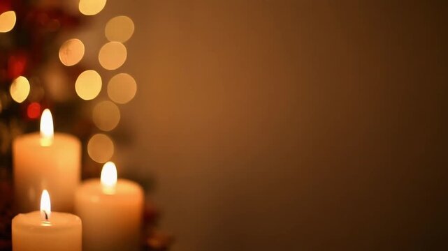 Three lit candles with bokeh lights in the background, creating a warm and festive atmosphere. Aesthetic video background.