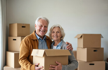Smiling senior couple holds cardboard box, ready for moving day in new home. They embrace, excited about relocation to a bigger house. Happy old pair starts life.
