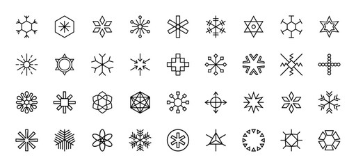 Snowflake line icon set. Vector pictograms of ice crystals, frost patterns, winter ornaments, geometry, and frozen symmetry, thin black outline illustration.