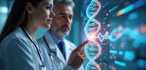Doctor and scientist analyze holographic DNA model on screen. They use advanced tech for genetic research and patient diagnosis in lab. Future medicine discovery research.