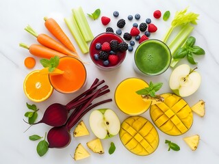 Variety of healthy colorful smoothies and fresh fruits, vibrant still life