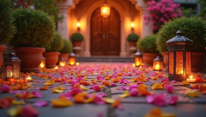 Pathway strewn with flower petals guides towards ornate entrance. Lanterns and candles cast warm glow on stone floor. Evening celebration setup in lush garden.