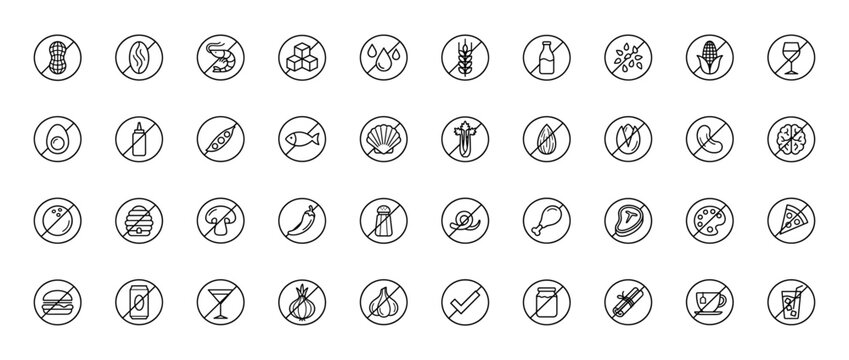 Food allergen and dietary restriction line icon set. Vector pictograms of peanut, milk, gluten, egg, sugar, alcohol, meat and nuts, thin outline illustration.