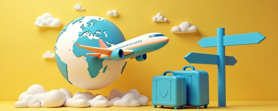 Airplane flies around globe with clouds. Suitcases sit near signpost indicating travel destinations. Planning global journeys, booking flights, and exploring new places.