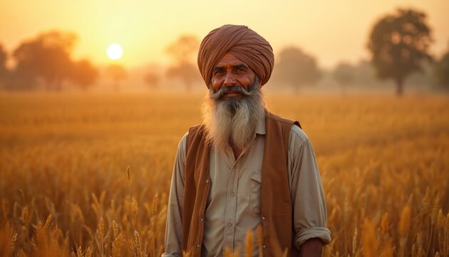 Sikh man farmer stands in golden wheat field during sunrise. He wears a turban and has a long beard. Man looks directly at camera. Sunrise illuminates rural landscape. Farmer face shows experience.