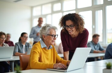 Fototapeta premium Elderly woman learns computer skills with young teacher in classroom. Diverse group of seniors use laptops at desks, happy faces, gaining new knowledge. Instructor helps student with tech.