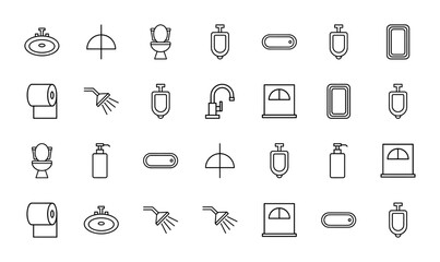 Fototapeta premium Bathroom and sanitary line icon set. Vector pictograms of toilet, sink, shower head, urinal, faucet, bathtub, soap dispenser, scale, and paper roll, thin outline illustration.