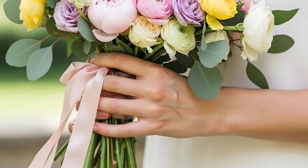 Bridal bouquet of colorful ranunculus flowers held by a woman's hand