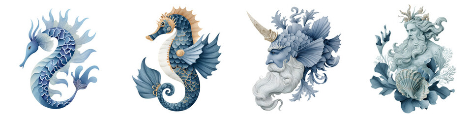 Fototapeta premium Mythical Sea Creatures Watercolor Illustration Collection on White