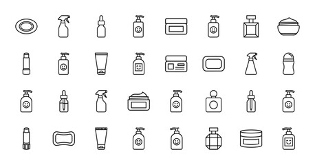 Fototapeta premium Cosmetics and skincare line icon set. Vector pictograms of lotion, cream, soap, perfume, serum, spray, and lipstick, thin black outline illustration.