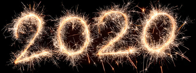 happy new year, new year's eve, silvester, new year, celebration greeting card, new year card - Year 2026 sparkler font text fireworks pyrotechnic, on black night sky background