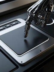 Chrome robot digit interacts with electronic touch screen technology