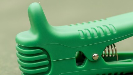 Close up of bright green plastic clothes peg for laundry hanging task