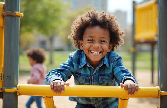 Joyful African American kid with curly hair plays on yellow playground equipment. He smiles broadly at camera, enjoying outdoor summer day at park. Another child is blurred in background.