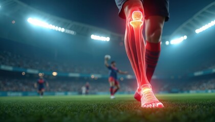 Soccer player leg injury highlighted red. Knee and ankle bones show pain during match on field under stadium lights. Athlete feels hurt on pitch.