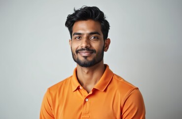 Obraz premium Young Indian man with beard and moustache smiles confidently. He wears an orange polo shirt. Calm, pleasant face, studio portrait against grey background. Person looks friendly and approachable.
