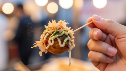 Close-up capture of appetizing Takoyaki snack held delicately in fingers