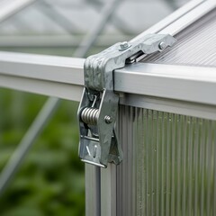 Close-up view of greenhouse clip securing polycarbonate panel assembly