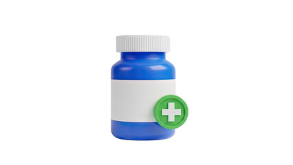 Obraz premium 3D Blue medicine bottle with white label and green cross icon on transparent background