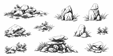 A collection of sketched stones and rocks with surrounding foliage © Sudebi
