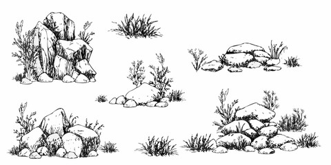 Sketch of various rock formations with surrounding grassy vegetation elements © Sudebi
