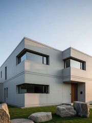 Contemporary minimalist architecture, luxury home with stone landscaping design