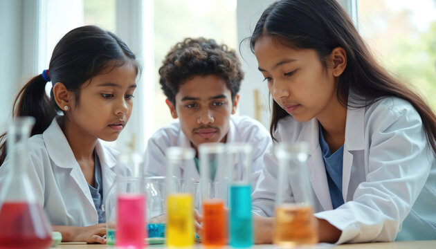 Three diverse students in lab coats focus on colorful liquid experiments. They work together in a bright science classroom, learning chemistry and biology through hands-on projects.